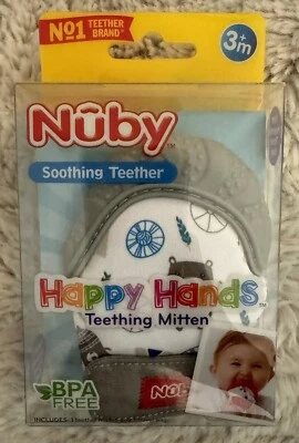 Nuby Soothing Happy Hands Teething Mitten w/ Hygienic Travel Bag Gray - NIB - Image 1 of 4