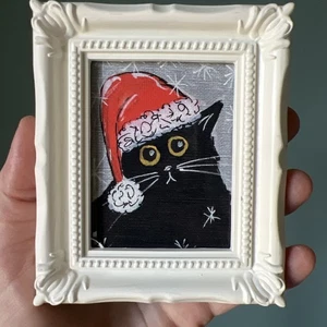 Print Of My Art Weihnachten schwarze Katze Winter süß, Miniatur Gemälde, klein, gerahmt - Bild 1 von 5