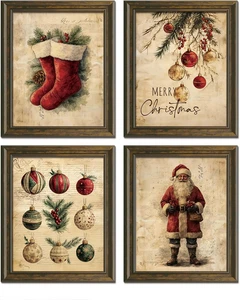 Juego de 4 impresiones vintage de Navidad de arte de pared decoración Feliz Navidad Papá Noel 8x10 pulgadas - Imagen 1 de 11
