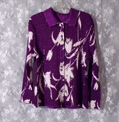 Vintage 2000s Purple Floral Top Size Large Tulip Print Collared Blouse Jacket - Image 1 of 4