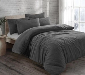 Charcoal Teddy Bear Fleece Duvet Cover Pillowcases Sherpa Thermal Warm Bedding - Picture 1 of 2