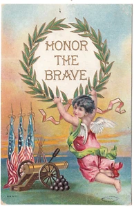 c1908 Ehre den Tapferen ~ Kirschbaum erhebt Lorbeerkranz ~ Vintage patriotische Postkarte - Bild 1 von 2