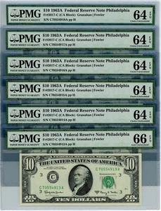 Fr. 2017-C $10 1963A FRN Philadelphia 6 Consec 64-66 EPQ PMG DC-2003 - Picture 1 of 2