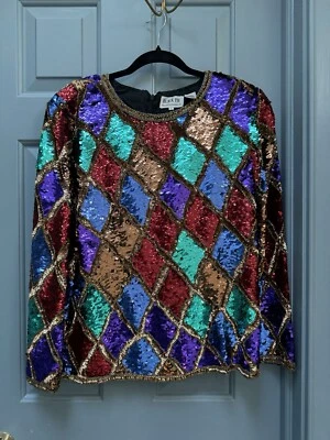 Top de noche con lentejuelas arlequín corbata negra de He-Ro Industries talla grande 100 % seda  Foto 1 de 3