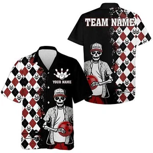 Bowling Custom Name And Team Name Hawaiian Shirt Argyle Pattern Skull Bowling Pe - Picture 1 of 2