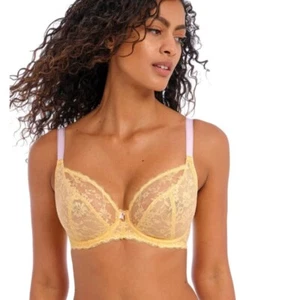 Freya Offbeat Plunge Bra Lemon Fizz Size 36DD Yellow Lace Lacy Darting Lingerie - Picture 1 of 9
