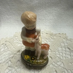 Vintage Porcelain Trinket Box - Girl Baby Deer - - Picture 1 of 12