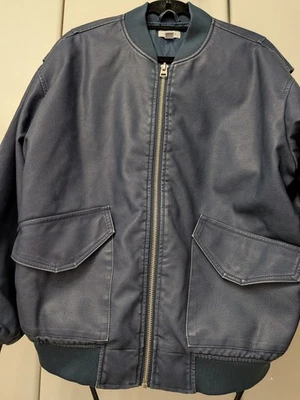 TOPSHOP WOMAN OVERSIZED BOMBER JACKET CUSTOMISED BACK BEAR & PINS BLUE S/XS NEW - Image 1 of 4