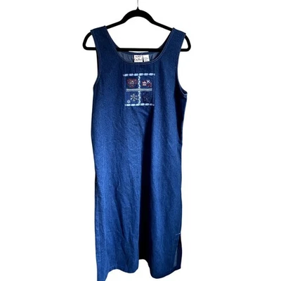 Vestido Jersey Vintage Años 90 Bordado Invierno Denim Mediano Folk Cottagecore Granny Foto 1 de 4