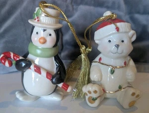 Vintage LENOX VERY MERRY PORCELAIN ORNAMENTS Bear & Penguin - Lot Of 2 - Picture 1 of 5