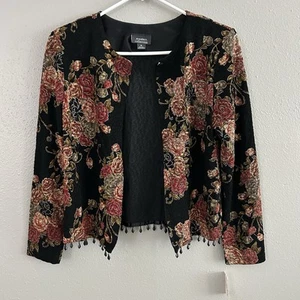 Dressbarn Collection Struktur Blumen Jacke Perlen Fransenbesatz Gr. M Strickjacke Vintage - Bild 1 von 9