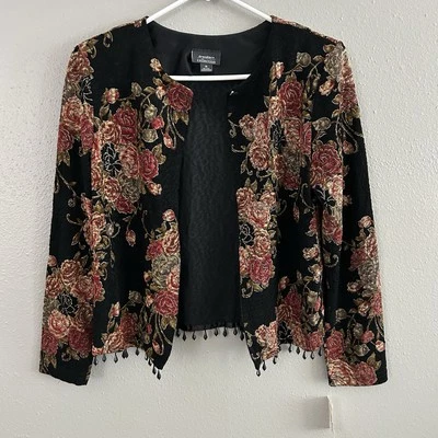 Dressbarn Collection Textured Floral Jacket Beaded Fringe Trim Sz M Cardigan VTG - Image 1 of 4