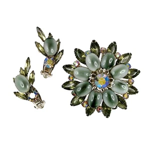Celebrity Gray Cabochon & AB Rhinestones Brooch Earrings Set Vintage Jewelry - Picture 1 of 7