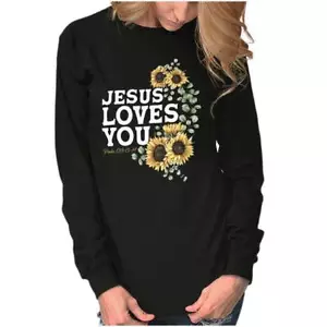 Christian Faith Jesus Loves You Sunflowers Long Sleeve T Shirt Tees For Women - Picture 1 of 7