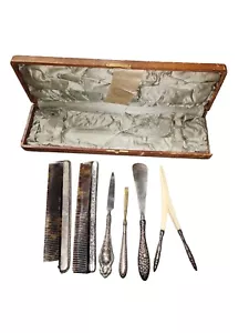 6 Pc Vintage Sterling Silver Vanity Set Wood Lined Case Cutlers To Her Majesty - Picture 1 of 17