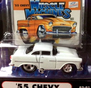 MUSCLE MACHINES 1955 CHEVY -  1:64 DIE CAST  55 CHEVY - WHITE - COWL HOOD  - Picture 1 of 2