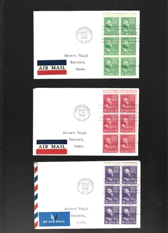 US FDC FIRST DAY COVERS PRESIDENTS BOOKLET PANE 1939 SET OF 3 NO CACHET AIR MAIL Cover