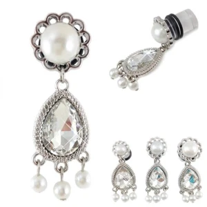 Paar Rhinstone CZ Pearl Dangle Ohrstöpsel Messgeräte 0G 00G 1/2" klare Stecker - Bild 1 von 3