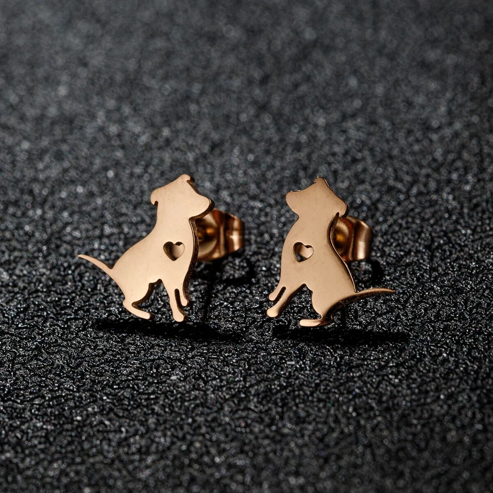Pendientes Perro Oro Rosa con Corazón, Perro Amor Mascota, Gran Regalo, Amante de los Animales Foto 1 de 3