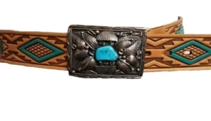 Fibbia per cintura vintage firmata Gilbert Ortega Navajo argento turchese 3” x 2” con cintura - Foto 1 di 12