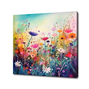 Bright Colourful Wildlowers Meadow Watercolour Painting Style Canvas Print - Picture 1 of 10