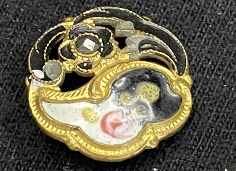 Antique ART NOUVEAU Enamel Brass Open Work Button Pink/Green Floral Design 1.5cm Cover