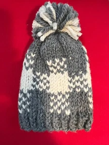 Grey & Cream Plaid , Handmade Knit Adult Hat, Removable Pompom, NEW - Picture 1 of 1