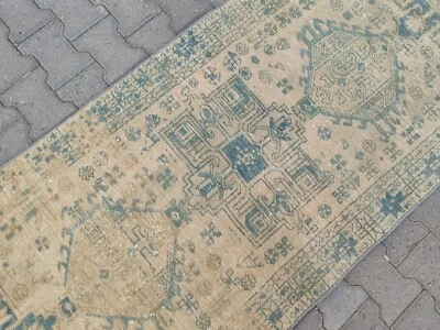 Vintage Turkish Runner Rug, 3x10.6 ft Distressed Ushak Carpet, Farmhouse Style - Image 1 of 4