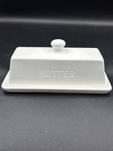 Covered Butter Dish With Lid White Ceramic Farmhouse Minimalist Country 7.5” - Picture 1 of 5