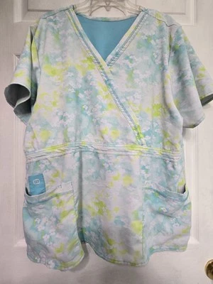 WonderWink Scrub Top size XL-Aqua/Lime/White Floral Mock Wrap-Chest 26"/L 28.5" - Image 1 of 4