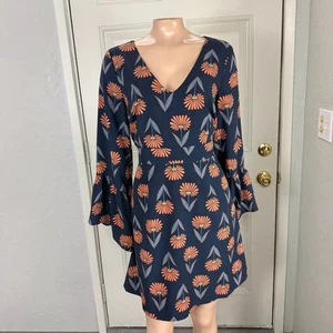 Modcloth Womens Dress M Bell Sleeve Floral V neck Polyester Boho L/S Hippy Y20 - Picture 1 of 7