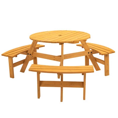 6-Person Outdoor Wooden Round Picnic Table Garden with Built-in Umbrella Hole - Image 1 of 4