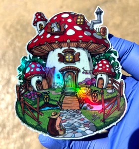Mushroom House Holographic Sticker Waterproof Vinyl Psychedelic Trippy Decal - Picture 1 of 2