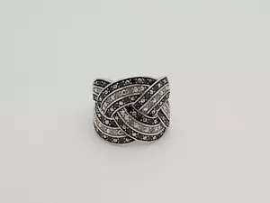 Sterling Silver 1.00CTW Black & White Genuine Diamond Wide Ring Band Size 7 1/4 - Picture 1 of 10
