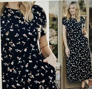 J Jill Short Sleeve Floral Seamed Midi Dress Womens sz XS Navy Stretch pockets - Picture 1 of 13