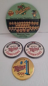 4 VTG Minnesota Twins MLB Buttons 1987/1991 World Series/AL Champs 6"/3.5"/3" - Picture 1 of 20