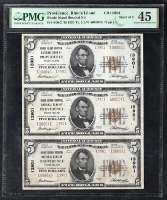 UNCUT TRIO 1929 $5 RHODE ISLAND HOSPITAL NB OF PROVIDENCE, RI CH. #13901 PMG-45 - Image 1 of 2