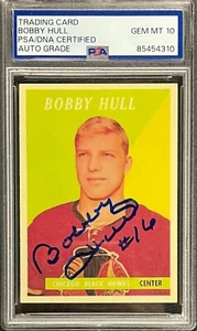 BOBBY HULL SIGNED 1958 TOPPS ROOKIE REPRINT BLACKHAWKS CARD PSA/DNA AUTO 10 - Picture 1 of 2