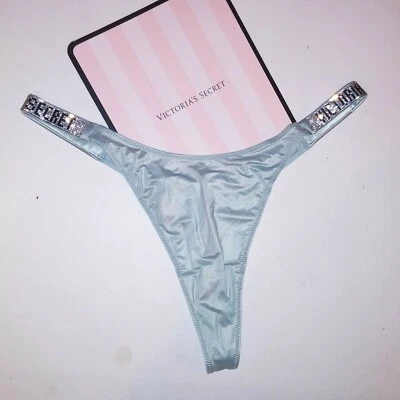 Victoria Secret Panty XL Tanga Bling Brillo Correa Azul Claro Brumoso Como Nuevo Logo  Foto 1 de 4