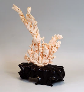 Antique Japan Carved Momo Angel Skin Coral Branches Parrots Birds Blossom 207gr - Picture 1 of 11