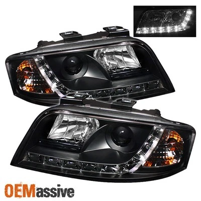Fits 02-04 Audi A6 Black R8 Style DRL Daylight LED Strip Projector Headlights - Imagem 1 de 2