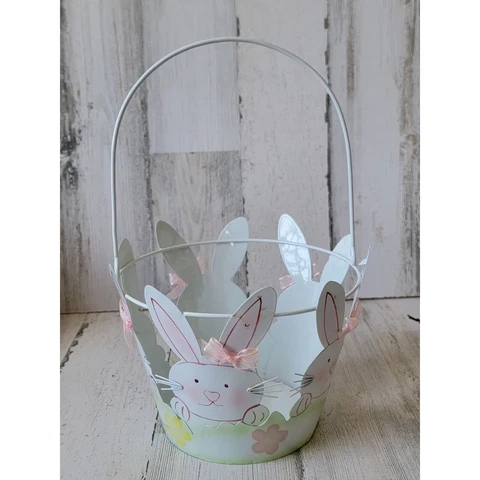 White metal Easter basket bunny flower figure decor pink bow Cover