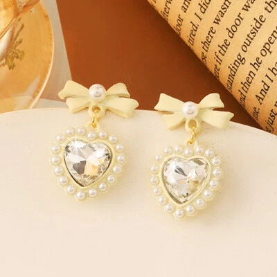 18k Gold P Weiß Bow Heart Love Crystal Pearl Dangle Drop Earrings Frauen Schmuck - Bild 1 von 4