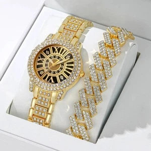 Women Fashion Luxury Gold plated Rhinestone Watch & Iced Cuban Bracelet Gift Set - Picture 1 of 6