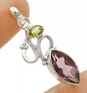 3CT Natural Amethyst & Peridot 925 Sterling Silver Pendant 1 1/2" Long @14-8 - Picture 1 of 1