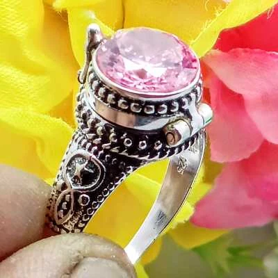Anillo venenoso de piedras preciosas de cuarzo rosa, anillo venenoso hecho a mano de plata de ley 925, Foto 1 de 4