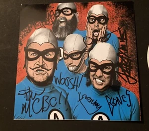 THE AQUABATS FULL BAND Signed Photo ,OLD/RARE ! Guitar Pick & Un-Used Sticker - Picture 1 of 4