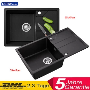 Granitspüle Schwarz Küchenspüle Einbauspüle Spülbecken mit Sifon Abtropffläche  - Bild 1 von 71
