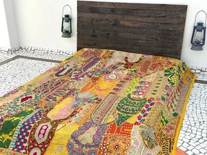 Patchwork Quilt Bedspread Coverlet Vintage Cotton embroidered Handmade Bohemian - Picture 1 of 7