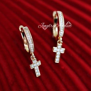 9K ROSE GOLD GF CRYSTAL CROSS DROP DANGLE LADY'S MENS GIRLS GIFT HOOP EARRINGS - Picture 1 of 5